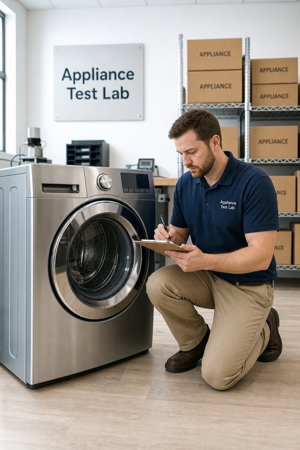 Illustration of a White Goods Verified test technician examining a washing machine in our testing lab